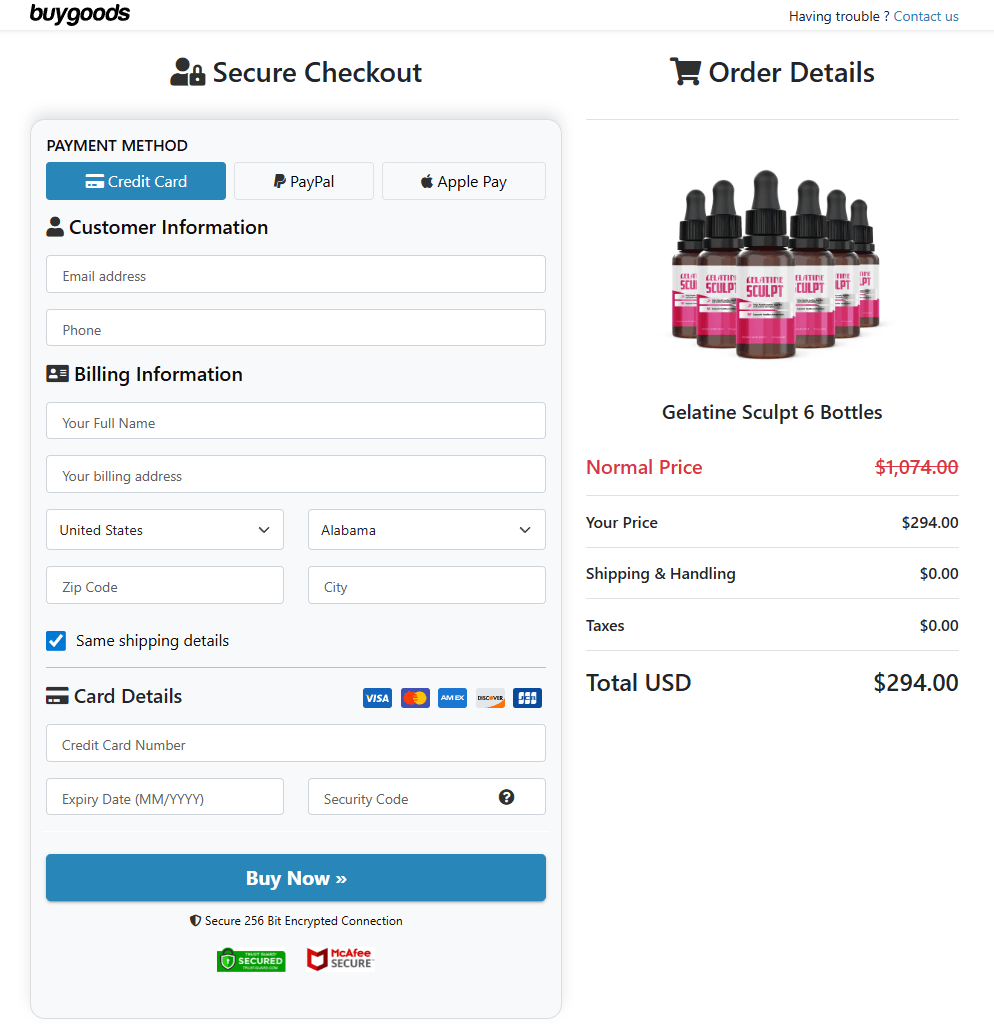 Gelatine Sculpt order page